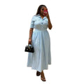 European and american cross-border women's fashion:  summer new collection - stylish turn-down collar striped short-sleeve shirt and high-waisted midi skirt set