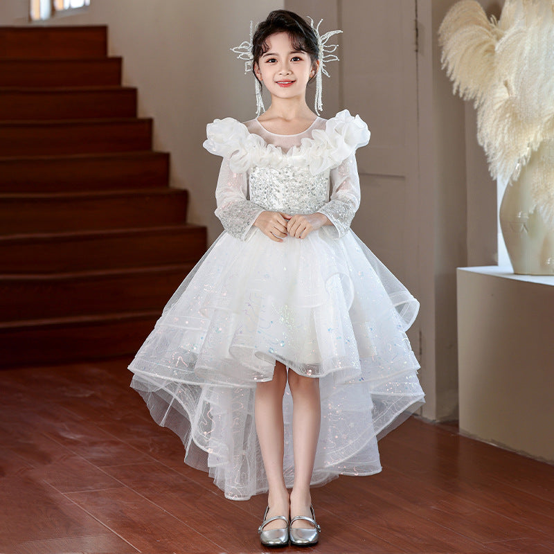 Girls' formal dresses, train, short front and long back, ready-made tulle skirts, girls' runway princess dresses, ready-to-ship for export, piano recital dresses