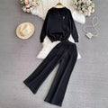 Fashionsuitfemalek-stylelong sleeves lapel looseknitting shirt sweatertwo-piece setcasualhigh waiststraight-legloose pants