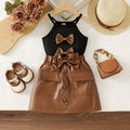 cross-border girls' fashion bowknot solid color camisole + pu leather skirt two-piece set