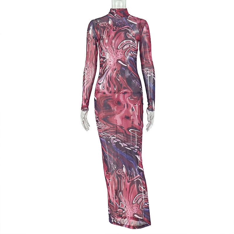 European and american style  foreign trade retro print women's slightly sheer bodycon dress with high neck and long sleeves - elegant and slim-fitting