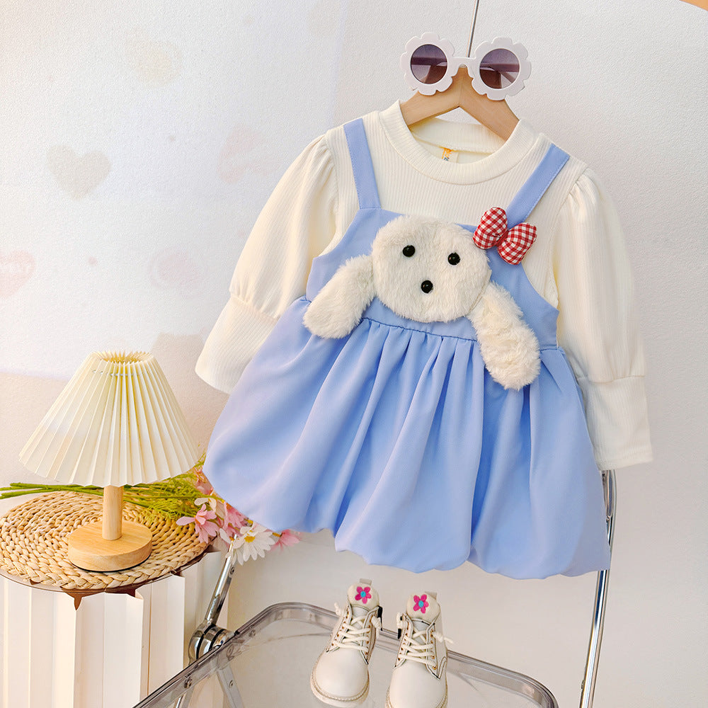 Girls' sweet & cute stylish long-sleeve dress -  new korean style faux two-piece princess dress for toddlers and young children