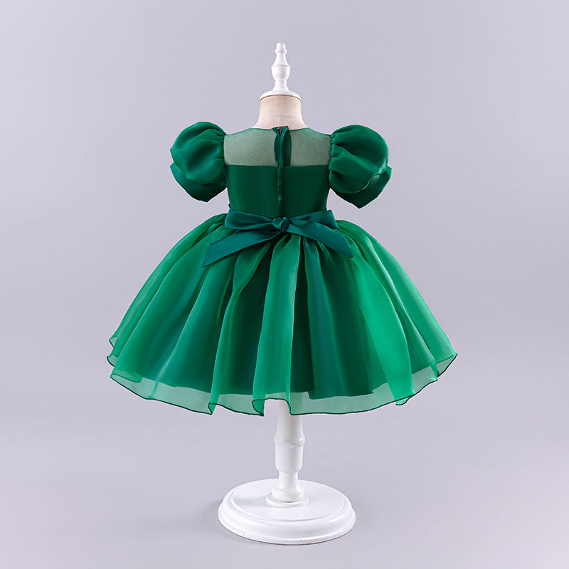 Girls' court-style short dress, toddler princess dress, puff sleeve tulle tutu, little host performance outfit