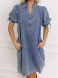 American retro washed half length sleeve denim dress women's loose shoulderless waist lazy casual short skirt wholesale