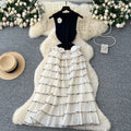 Frenchclassy lady flower contrast color sleeveless knittingpatchwork waist layered cake dress women's long skirt
