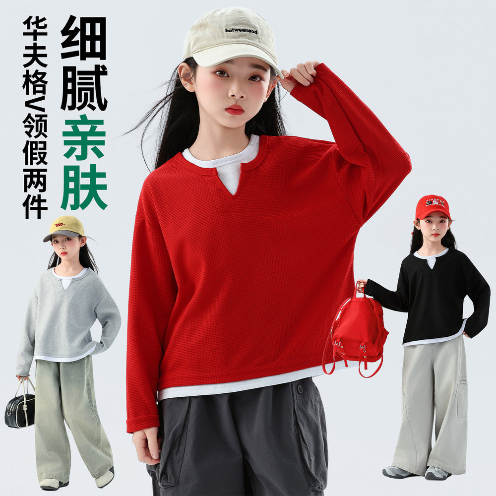 fake two-piece layered sweatshirtgirl waffle gridsv necklong sleeves t-shirt spring autumgirls fitted bottom shirt