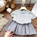 Girls' summer outfit  new style baby chic knitted short sleeve kids fashion pleated skirt two-piece set - in stock