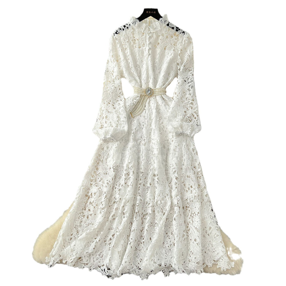 French retroelegancedresswinternew arrivalclassy sensecut out crochet lace waist elegant long skirt