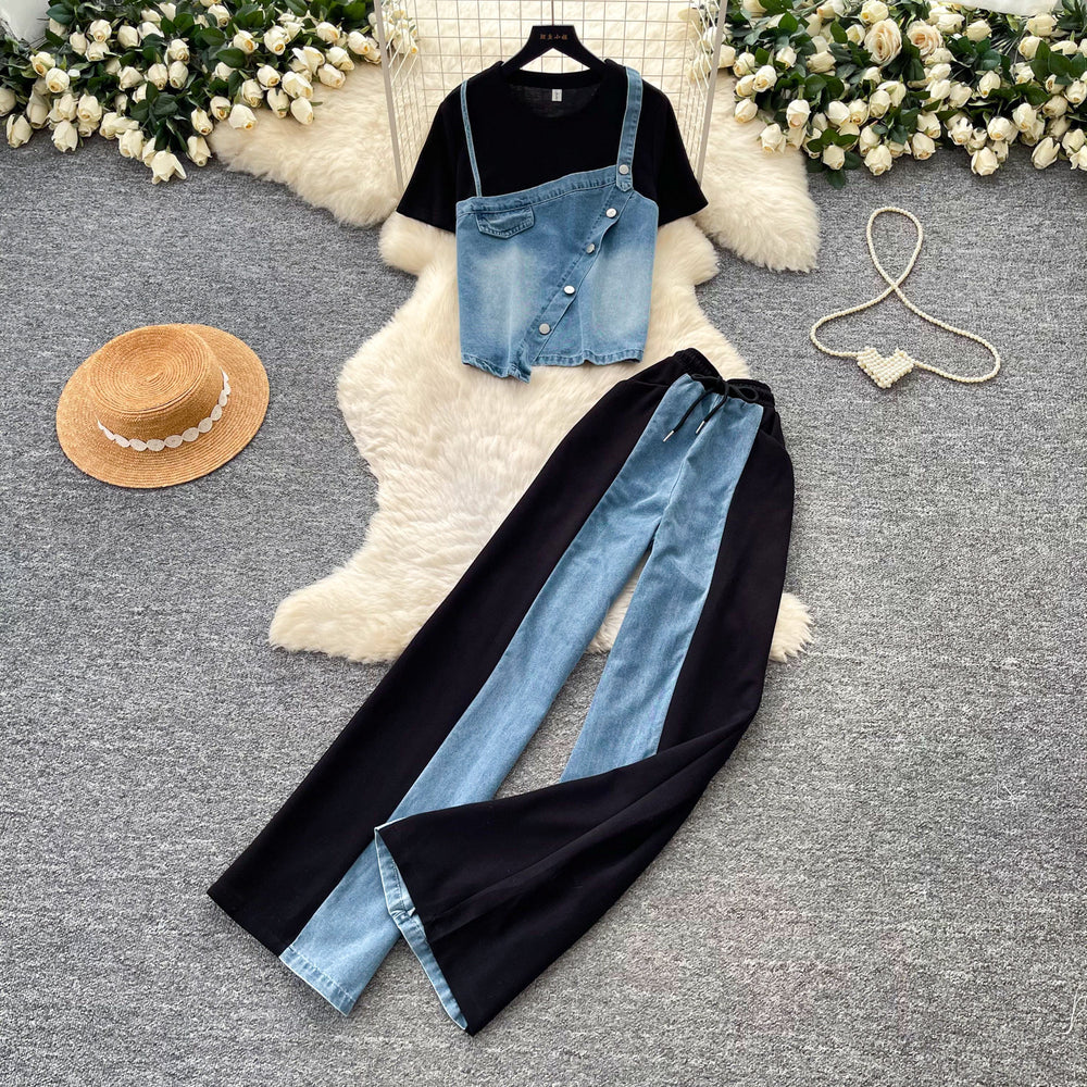 Hong kong style retropatchwork denim casualtwo-piece set for women summerslimming lookhigh waistwork clothing lazy stylesuit