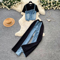 Hong kong style retropatchwork denim casualtwo-piece set for women summerslimming lookhigh waistwork clothing lazy stylesuit