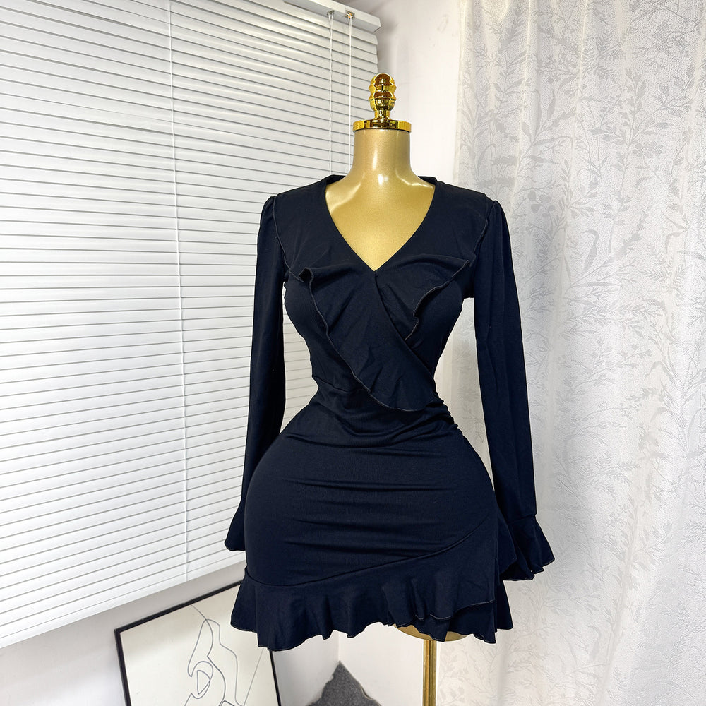 Exportspring & fallnew arrivalrufflesv neck silmlong sleevesdresssexy silm hip-covering waist short skirt dress