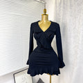 Exportspring & fallnew arrivalrufflesv neck silmlong sleevesdresssexy silm hip-covering waist short skirt dress