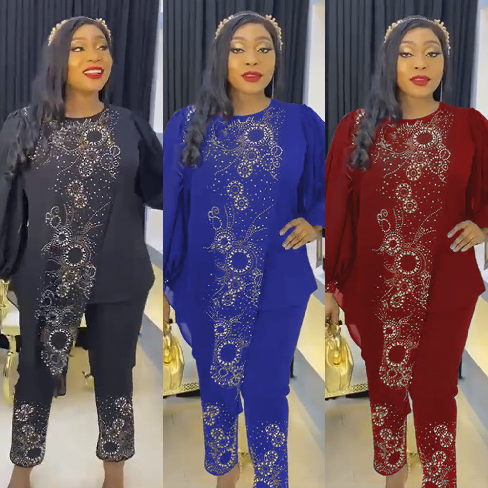 e-commerce  african women's plus size beaded and rhinestone irregular top + pants two-piece set