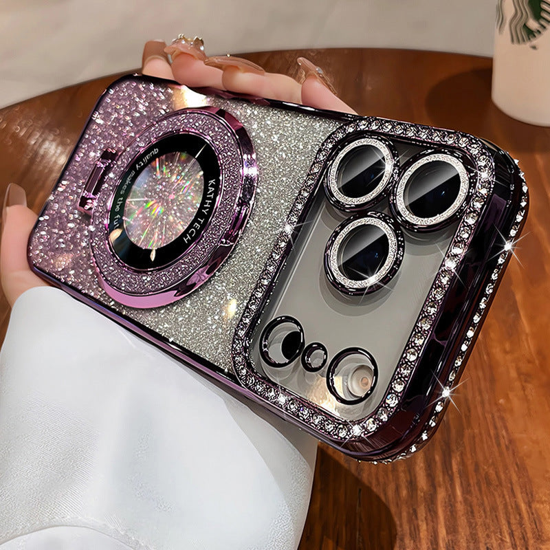 Magnetic stand suitable for iphone17 gradient glitter mobile phone case 16pro electroplated rhinestone 13 protective cover with diamonds