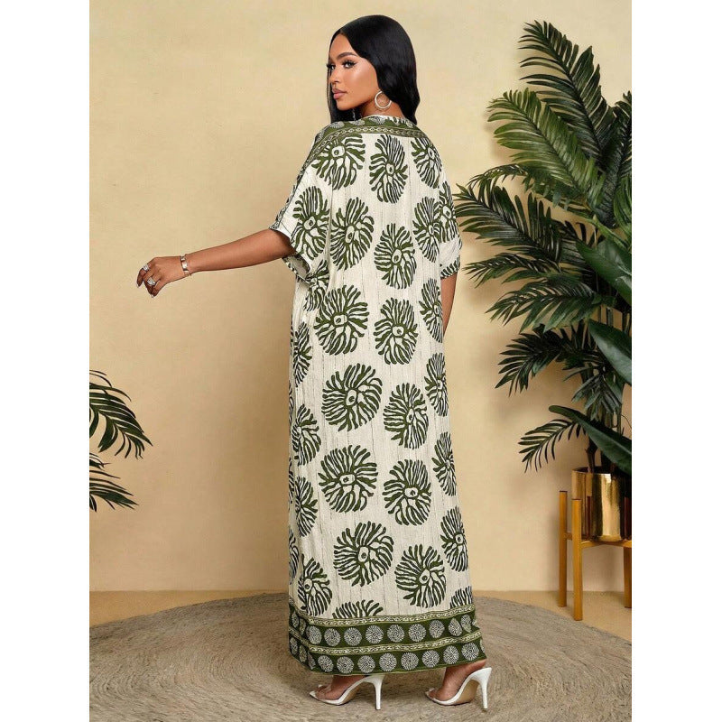Amazon european goods  summer new arrival printed elegant v-neck short sleeve long loose slimming dress