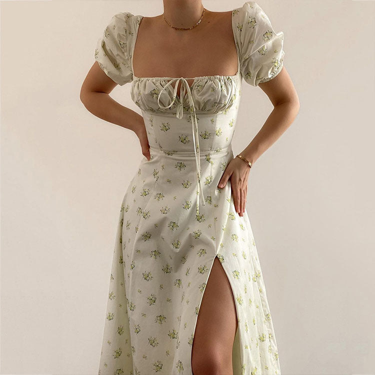 cross-border e-commerce women's fashion: european and american summer new arrivals - french chic floral print spaghetti strap slit dress