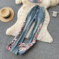 American retro floral embroidered denim two-piece set for women - summer slim fit, stylish and chic