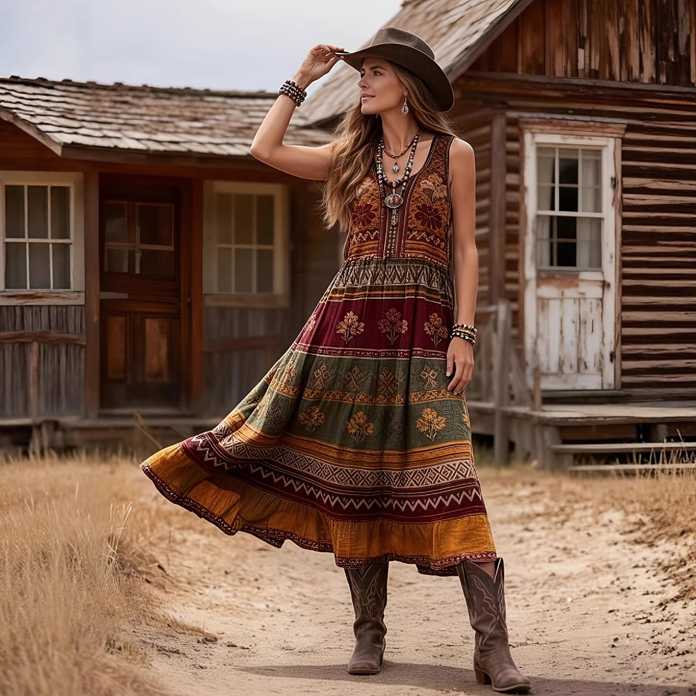 Northwestern cowboy style vintage print maxi dress - cross-border exclusive v-neck high-waisted dress