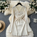 High-end women's dress  new french retro v-neck metallic buckle waist slimming inner layer knit dress