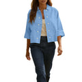 cross-border  solid color cotton linen double-breasted cropped short-sleeve cardigan shirt women's top blouse
