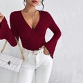 new  cross-border women's european and american v-neck flared sleeve burgundy t-shirt - spring/summer slim-fit base layer top
