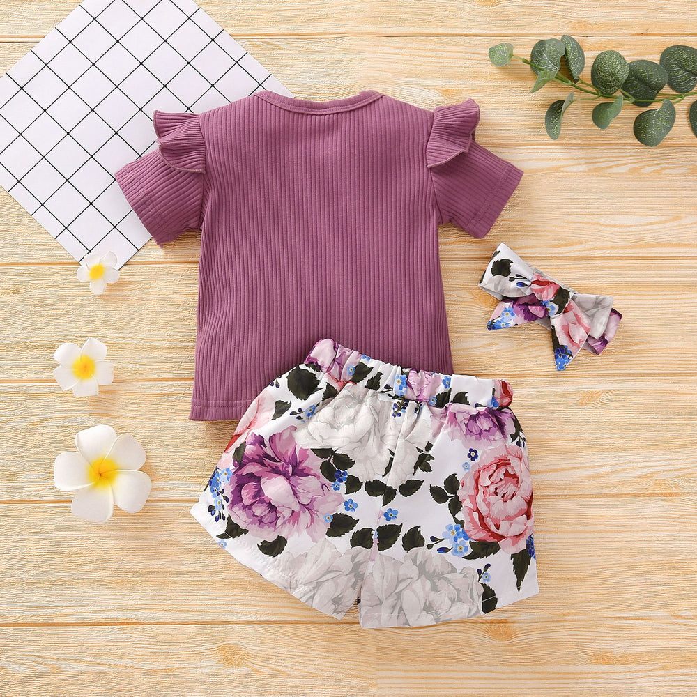 hot-selling summer ribbed, skin-friendly girls' floral print pants and top set. available in multiple colors. 100% cotton