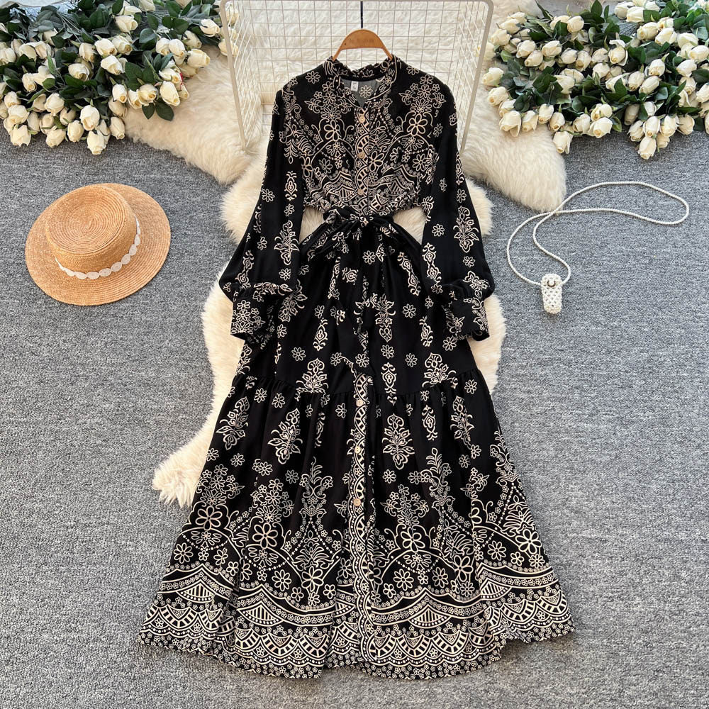 Vintage print ruffle collar tie-waist a-line maxi dress - long sleeve, slimming, and perfect for work