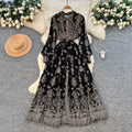Vintage print ruffle collar tie-waist a-line maxi dress - long sleeve, slimming, and perfect for work