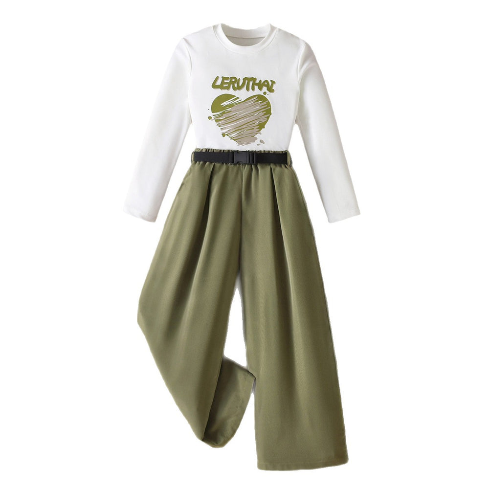 girls' two-piece set: military green cargo pants with a straight leg, and a long-sleeved autumn outfit for kids featuring a heart and letter print