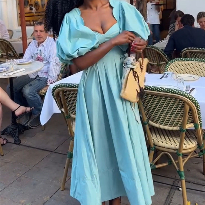 European and american cross-border women's fashion:  summer new arrivals - sexy and elegant square neck, puff sleeve, high-waisted midi dress