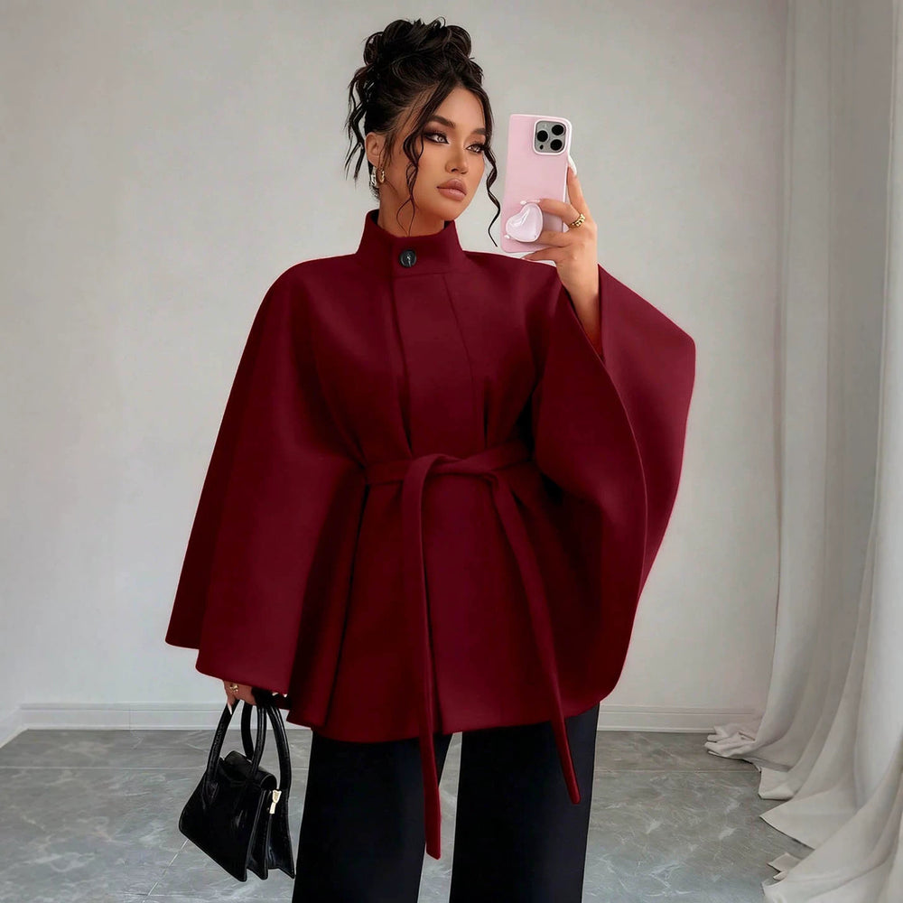 fashion stand collar waist plus sizeshortwoolen cape outwear wide sleeves tie backslimming look