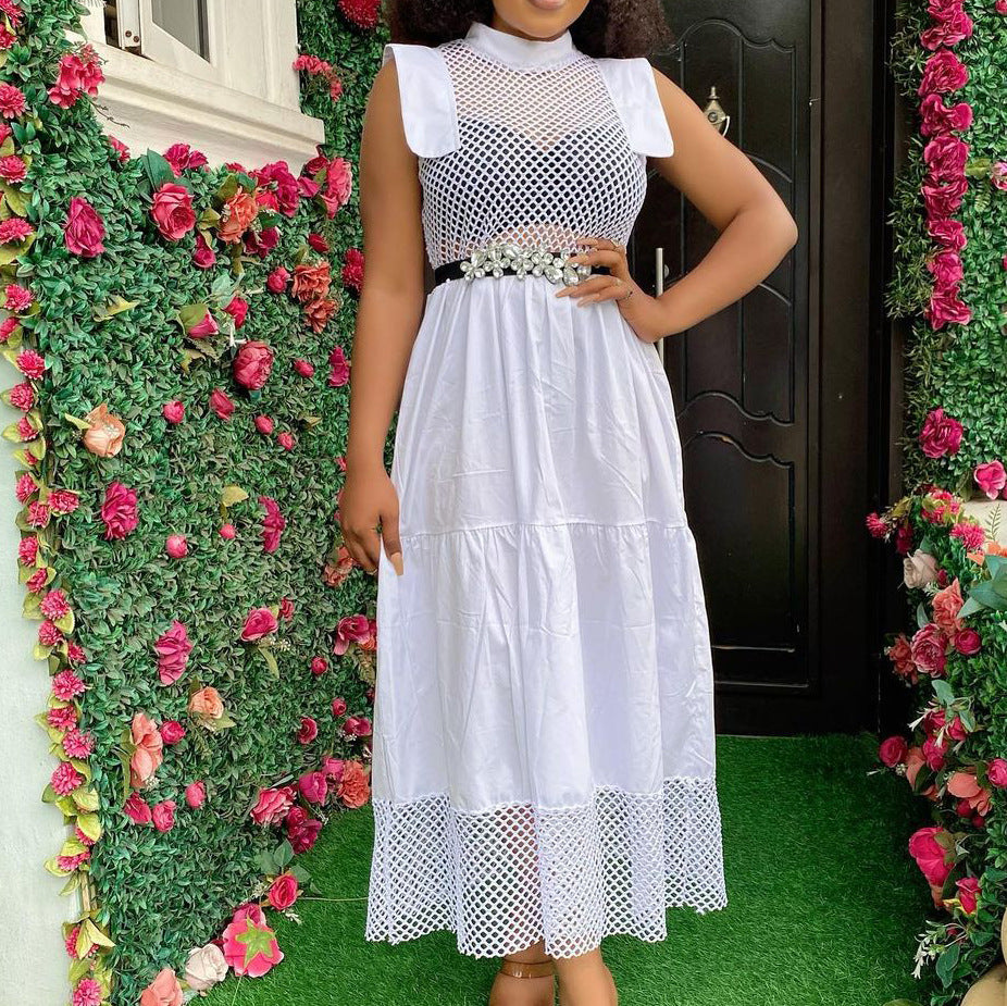 D192 summer chic commute sexy cutout cotton high-waisted mesh panel solid color plus size export fashion dress