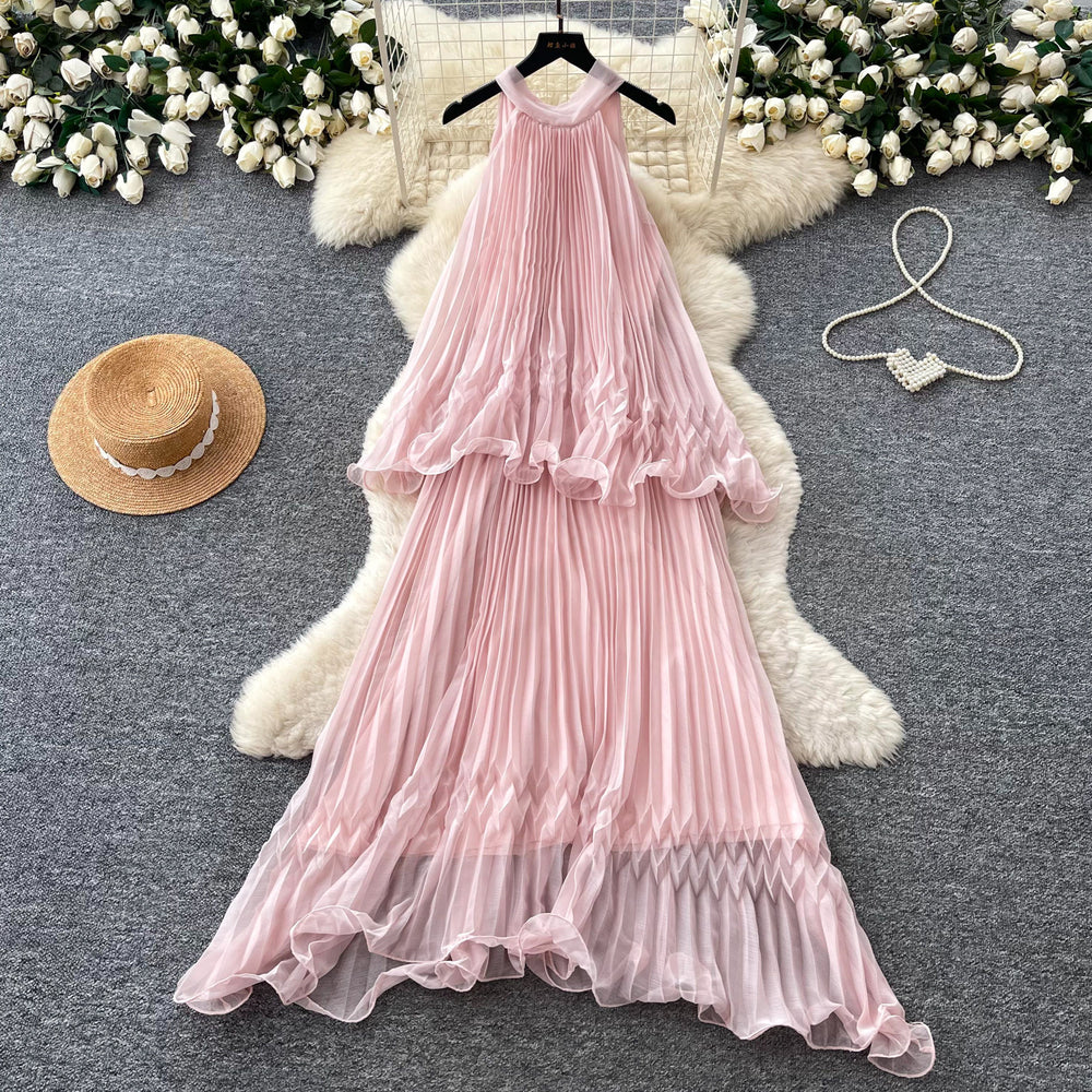 French halter sleeveless sweet age-reducing pleated dress women's summer high waist cake skirt fairy vacation style long skirt