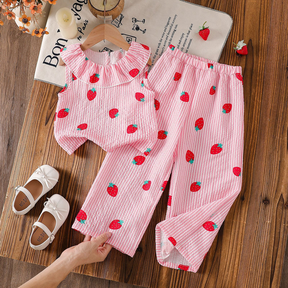 Summer girls' pink striped strawberry sleeveless set - kids' ruffle collar bubble cotton tank top and wide-leg pants two-piece trendy outfit