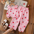 Summer girls' pink striped strawberry sleeveless set - kids' ruffle collar bubble cotton tank top and wide-leg pants two-piece trendy outfit