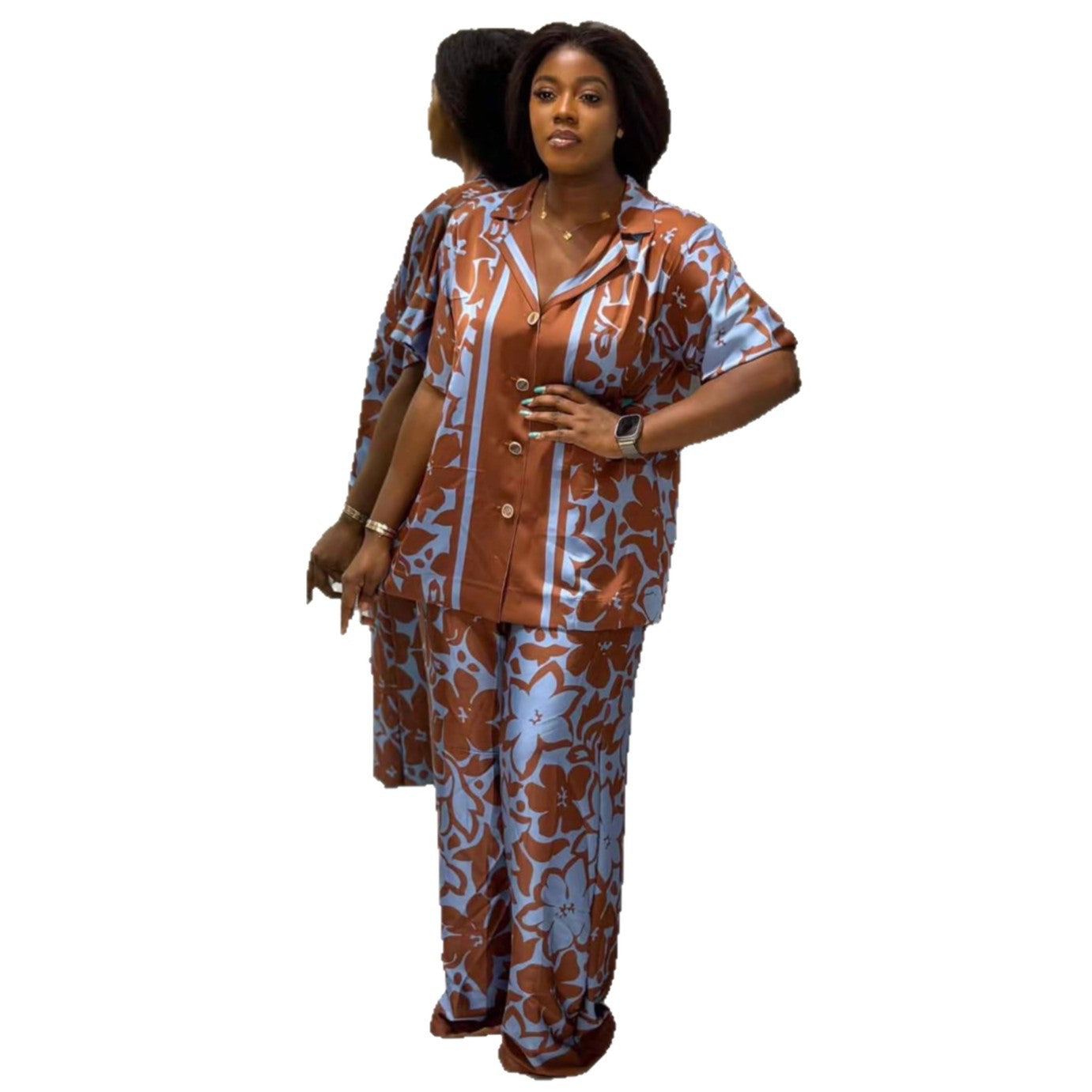 European and American large-size suit, suit collar, positioning printed cardigan shirt, African women's casual trousers, new two-piece set
