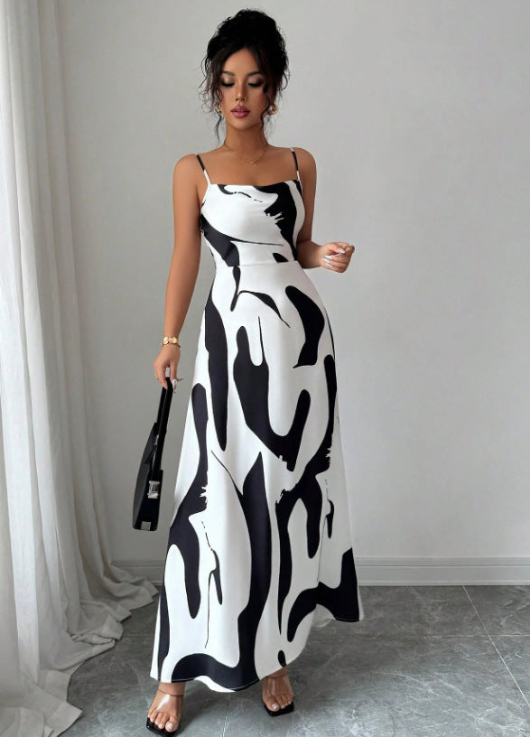 foreign trade  summer new european and american style geometric printing vacation sexy suspender skirt side slit one-step skirt