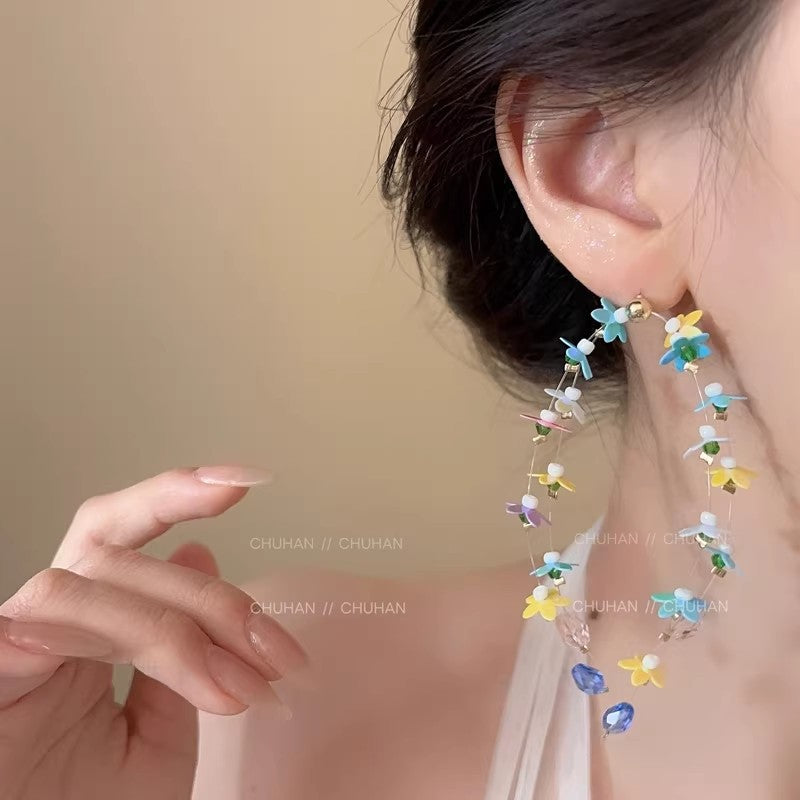 Spring/summer beach vacation style floral earrings - women's colorful dopamine long tassel earrings - sweet & unique studs