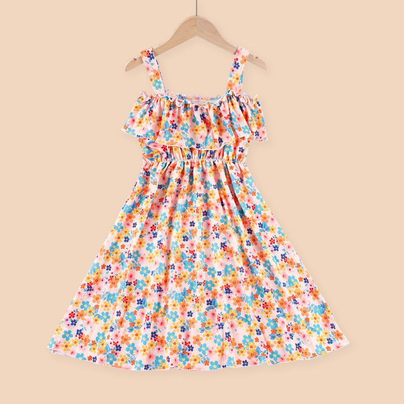 new arrival: girls' milk silk dress for export - summer fashionable off-the-shoulder one-shoulder printed dress