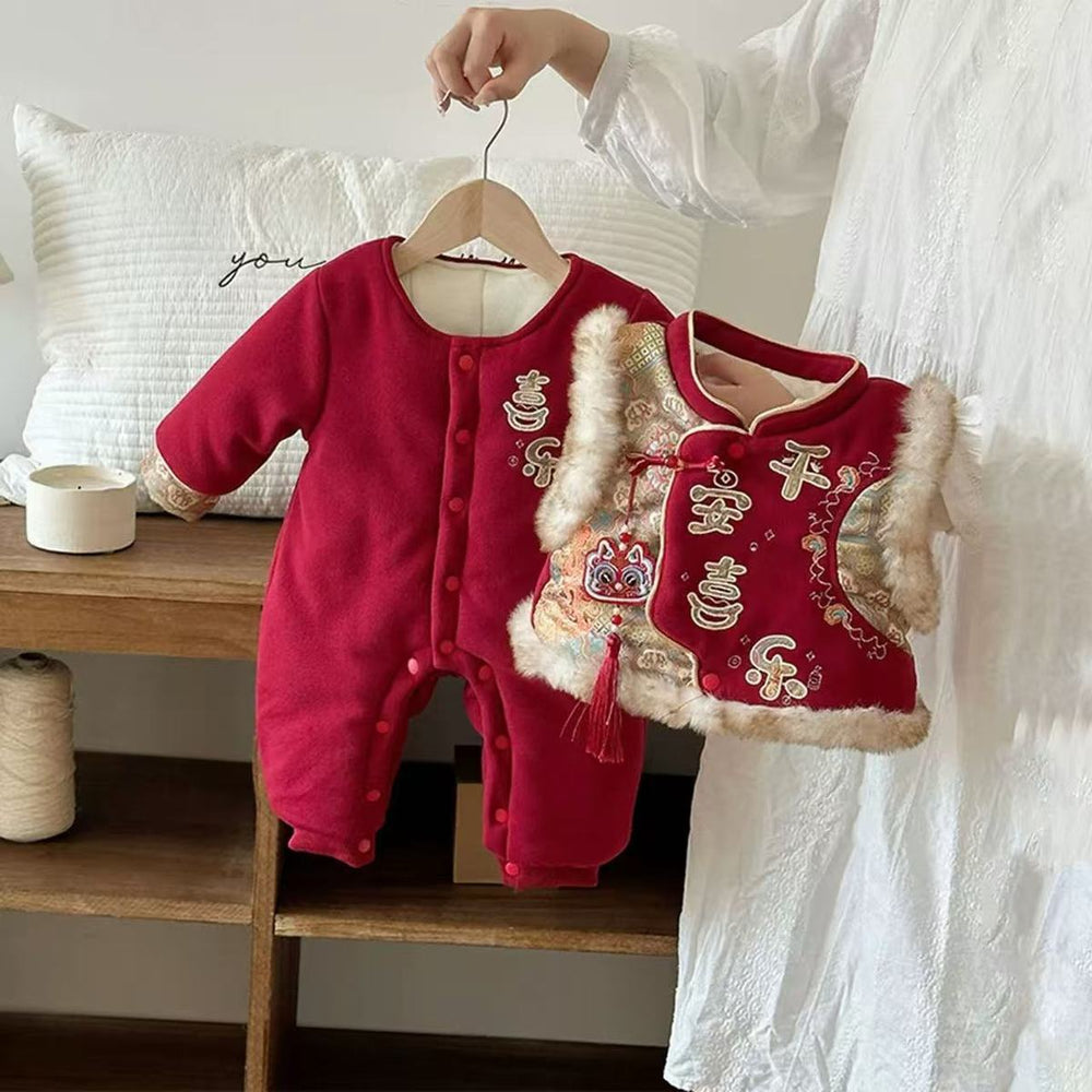 Baby winter clothes heattech outwear one-piece national style baby new year's greetings clothes one year old full month dress festive haha