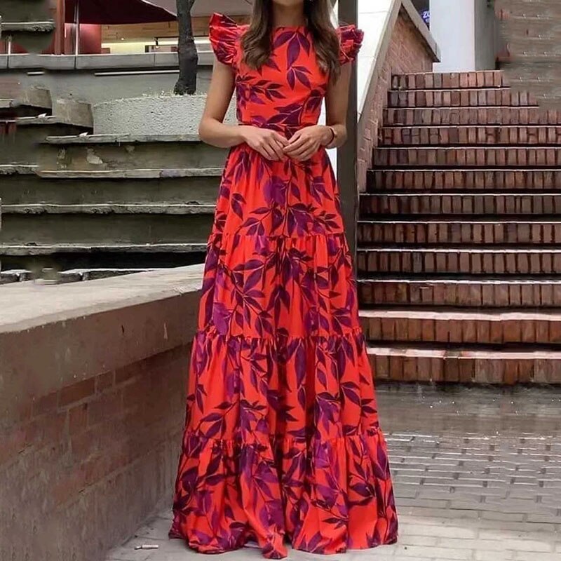 cross-border e-commerce european and american women's clothing: new summer collection - fashionable and elegant printed flutter sleeve high-waisted dress 661
