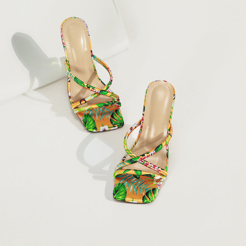hot-selling 35-42 size square toe high-heeled women's slippers colorful simple cross strap gold special-shaped heel sandals