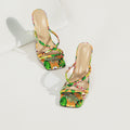 hot-selling 35-42 size square toe high-heeled women's slippers colorful simple cross strap gold special-shaped heel sandals