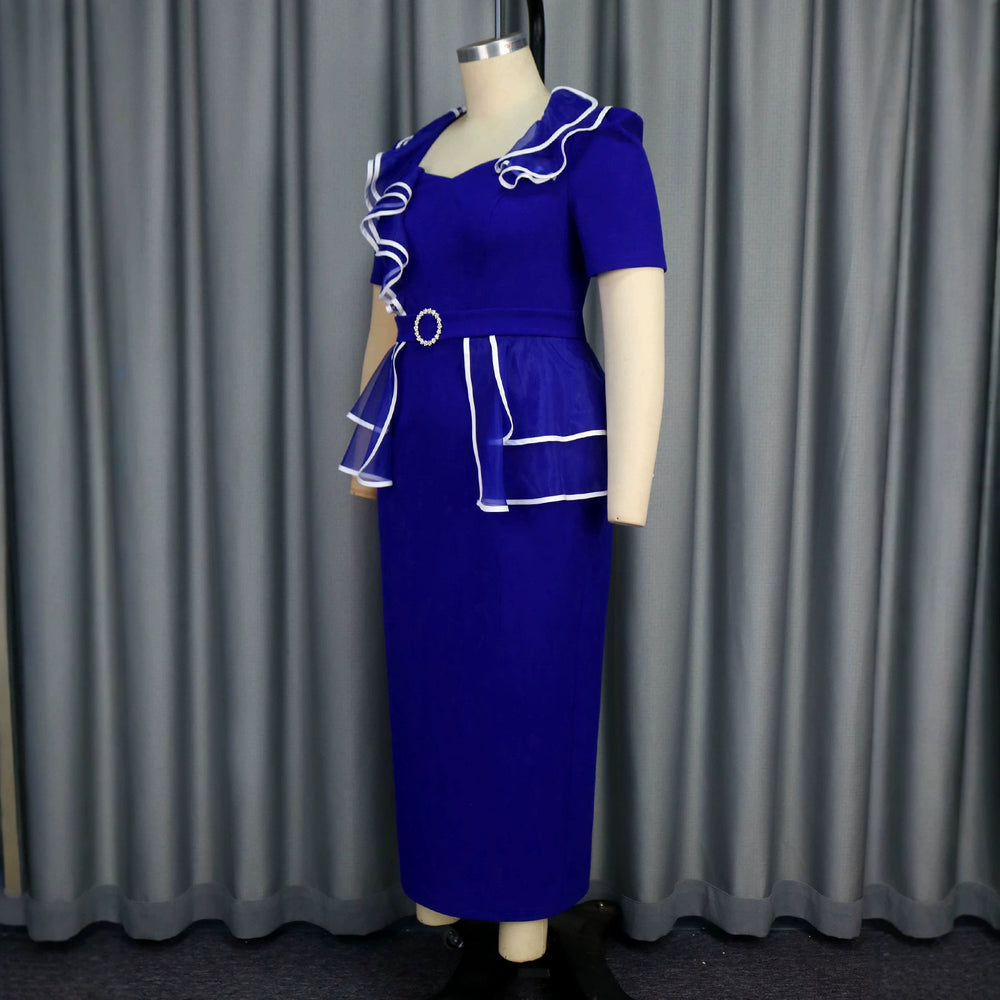 Plus size european and american women's patchwork dress - ruffle trim, belted waist, short sleeve, professional commute style dress