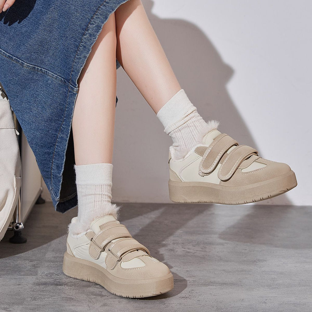 Mingdian thick-soled fluffy shoes for women wearing 2024 new high-value warm cotton shoes for women Velcro fleece board shoes for women