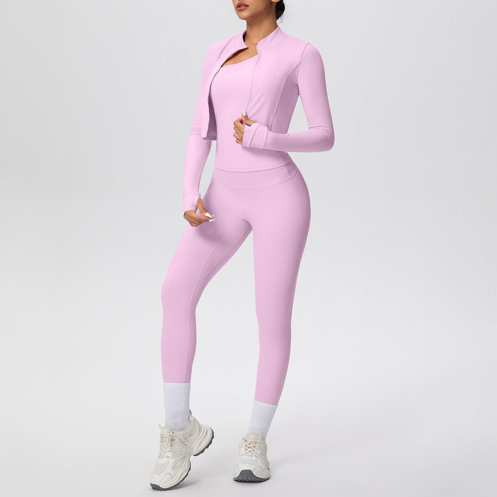 Cloud-feel quick-dry zip-up jacket high-waisted yoga leggings set - outdoor casual running fitness activewear 3-piece set