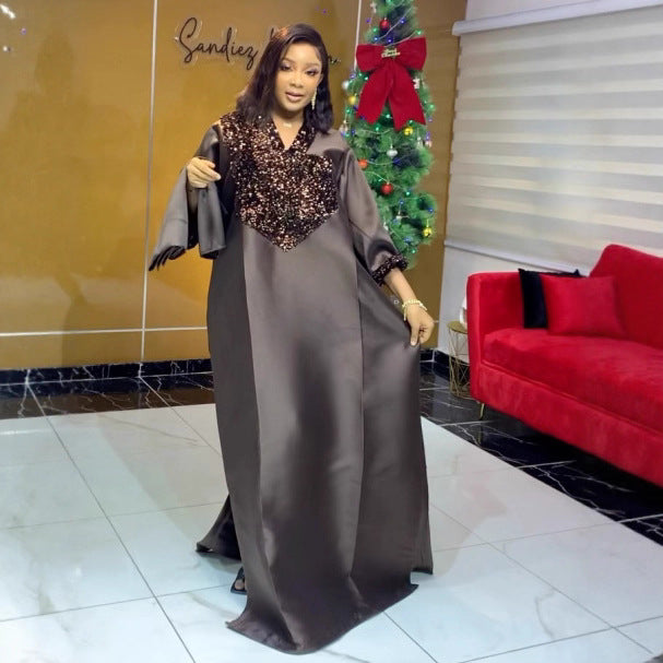 african women's v-neck loose plus size dress -  sequin fashion robe dress