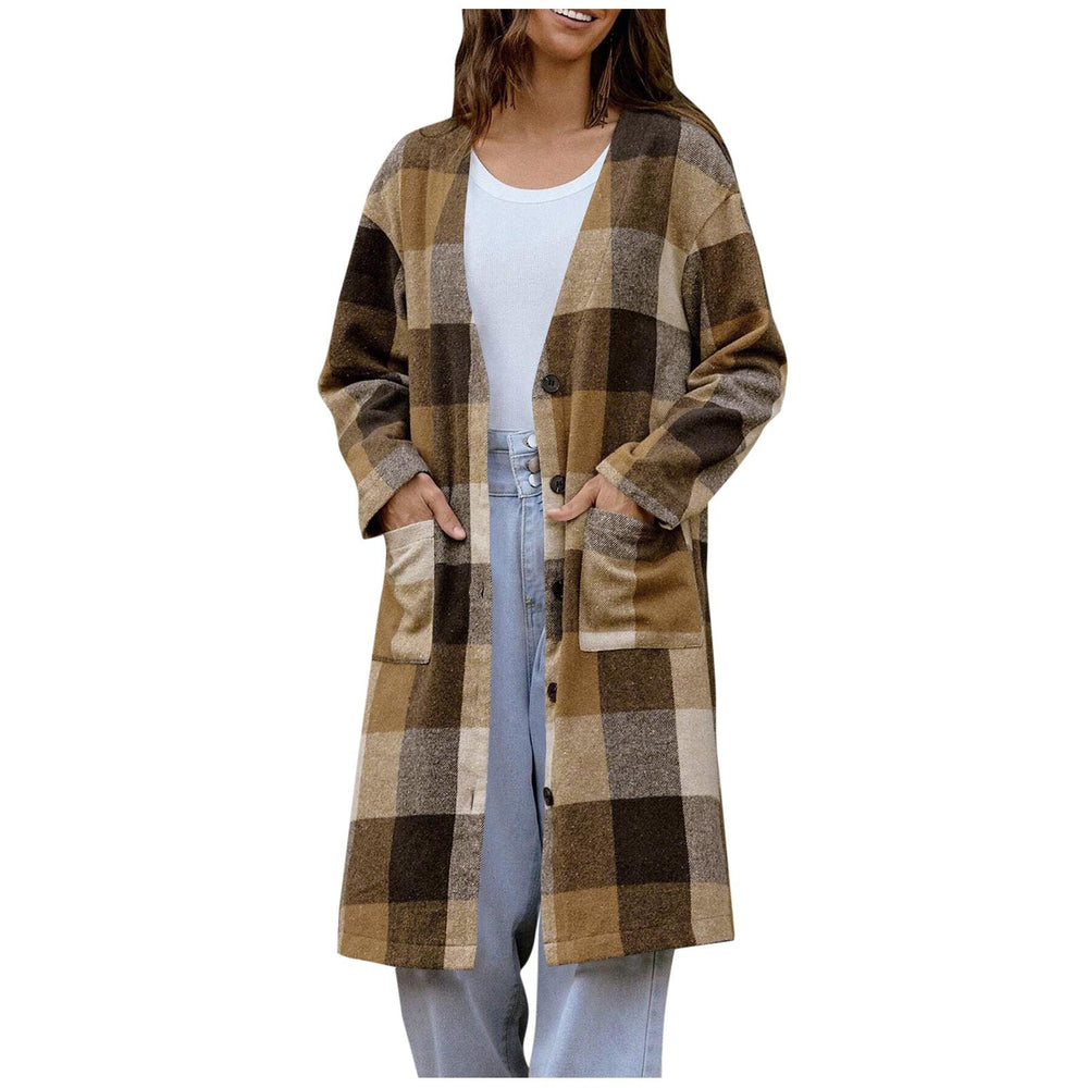 fashion cross-border casual woolenplaid medium long flap pocket pants button long sleevescardiganfashionoutwear