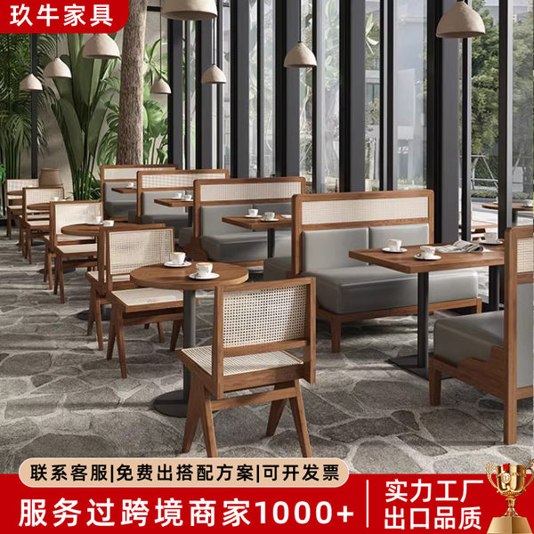 Solid wood rattan coffee shop noodle shop restaurant booth sofa South East Asia Hotel Western restaurant dining table and chair combination