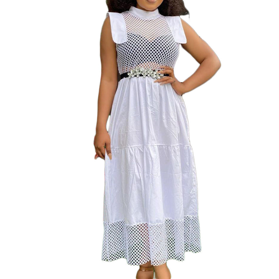 D192 summer chic commute sexy cutout cotton high-waisted mesh panel solid color plus size export fashion dress